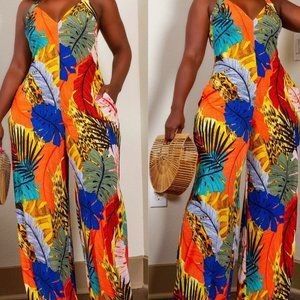 Women's Leaf Printed V-neck Jumpsuit